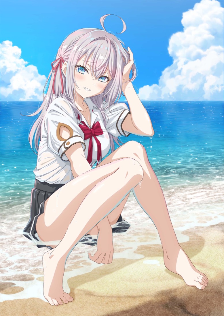 Alya crouched at the edge of the sea, looking embarrassed